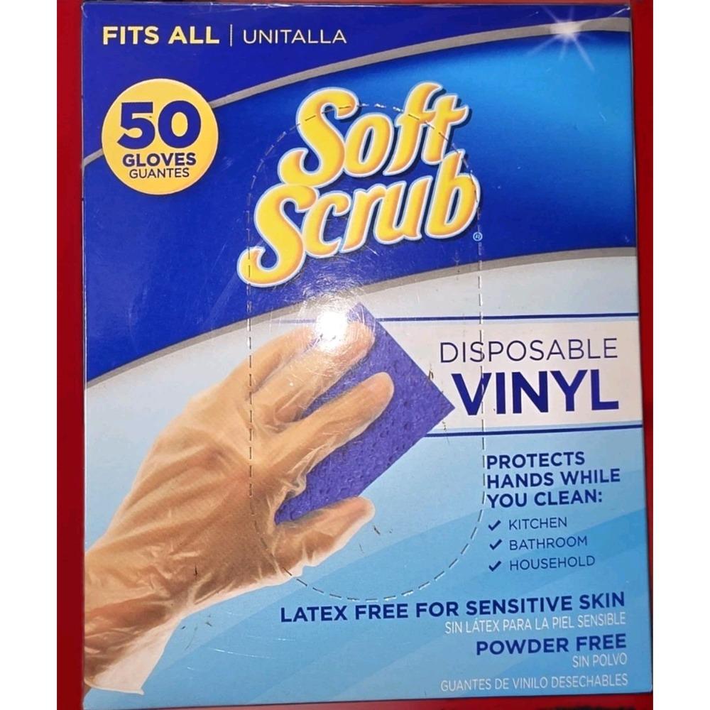 Soft Scrub Vinyl Disposable Gloves One Size Fits Most Clear Powder Free 50 pk